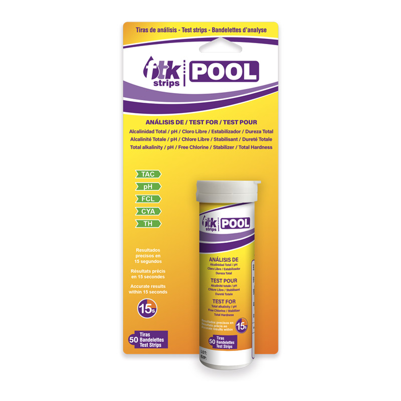 FTK Pool test strips packaging with a purple-yellow design and a small vial labeled FTK Pool.