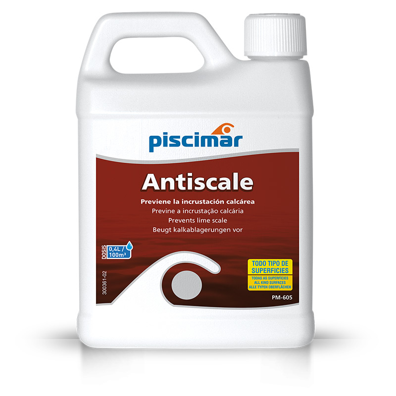 White plastic Piscimar Antiscale bottle with brown label and a handle, a cleaner to prevent lime scale buildup on surfaces and pipes but for general use shows product packaging.