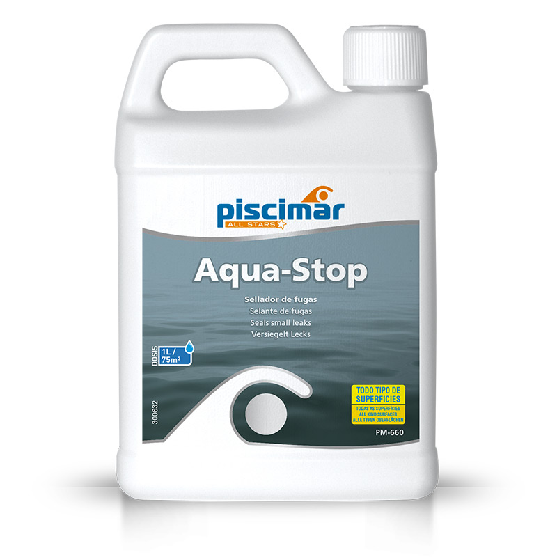 White plastic 1‑L bottle of Piscimar Aqua-Stop sealant for leaks, label shows Aqua-Stop and water imagery (pool chemical)