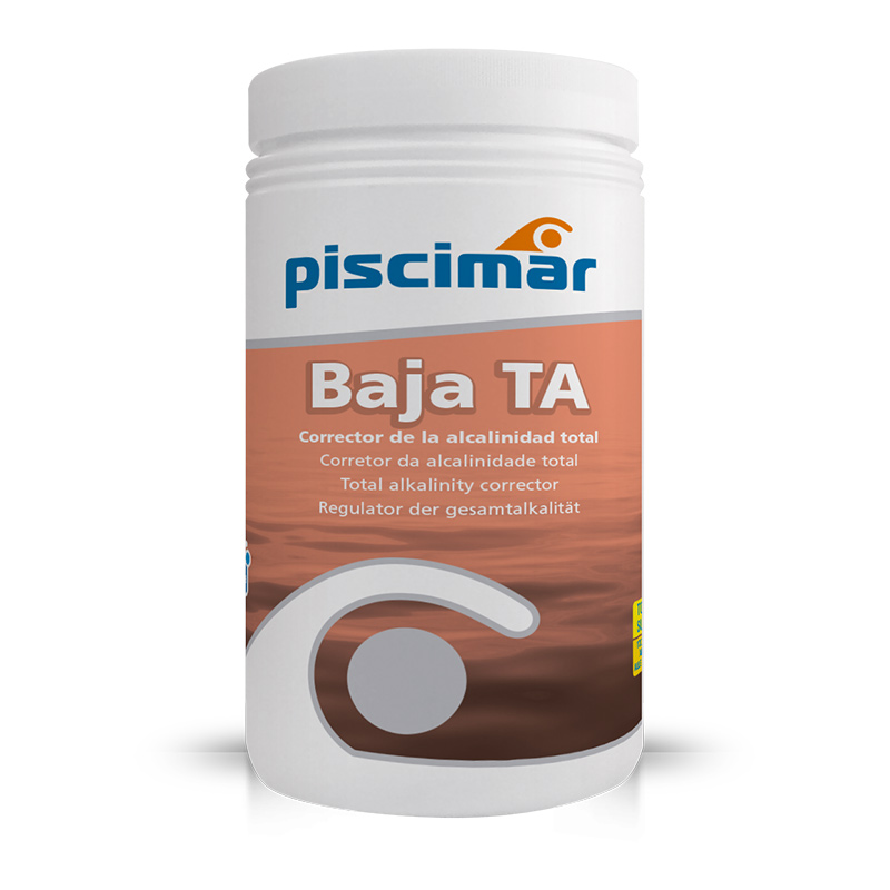 Piscimar Baja TA bottle with orange label reading Baja TA and multilingual alkali correction text, white cap on white background.