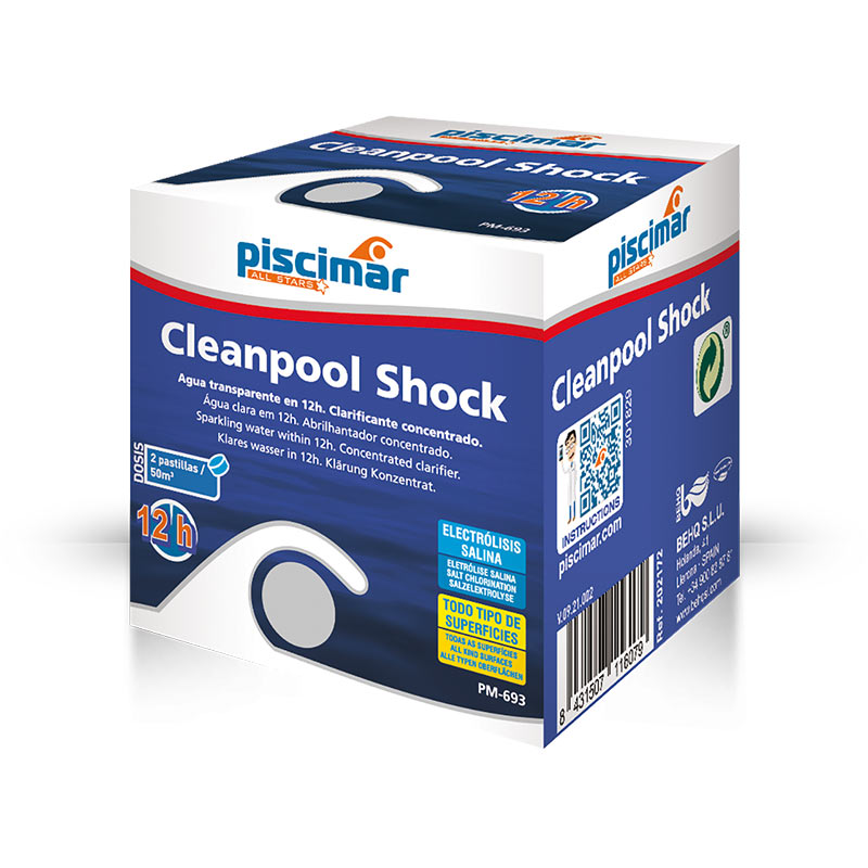 Piscimar Cleanpool Shock pool chemical box with 12h treatment label and barcode.