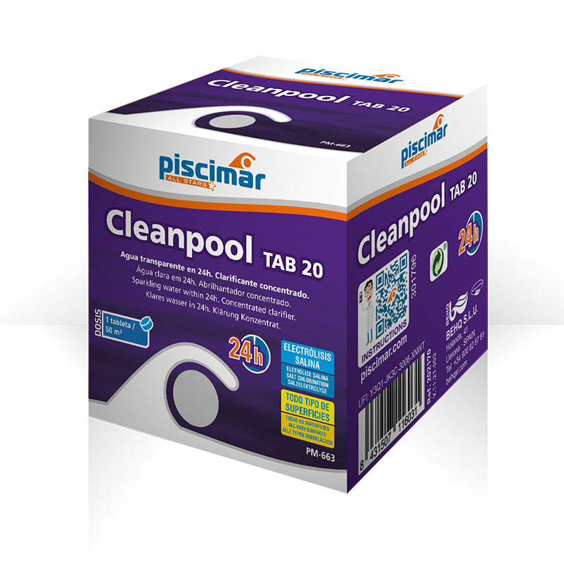 Piscimar Cleanpool TAB 20 pool water clarifier box, purple design with 24h label and barcode, shown in a 3D perspective (front and side).