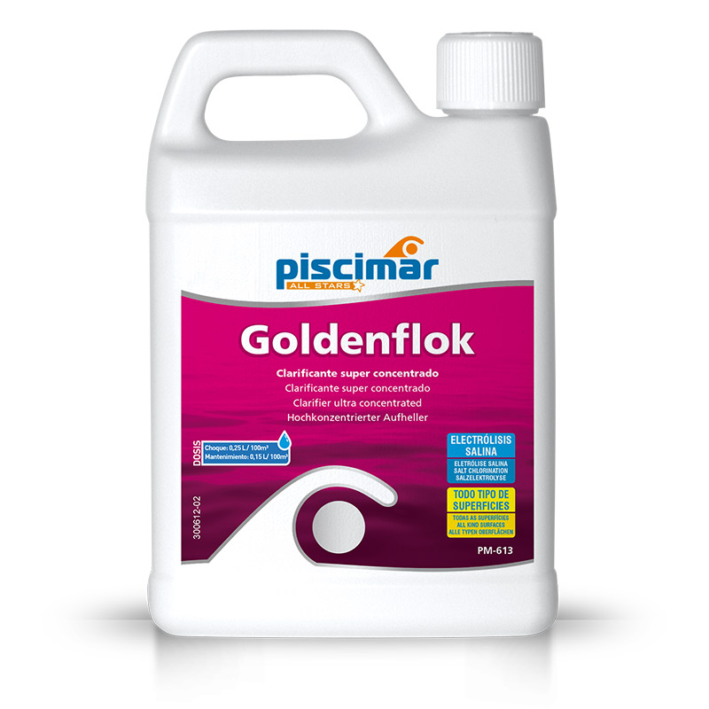 White plastic bottle labeled 'Piscimar Goldenflok' pool clarifier with magenta label and blue logo on top edge graphic element