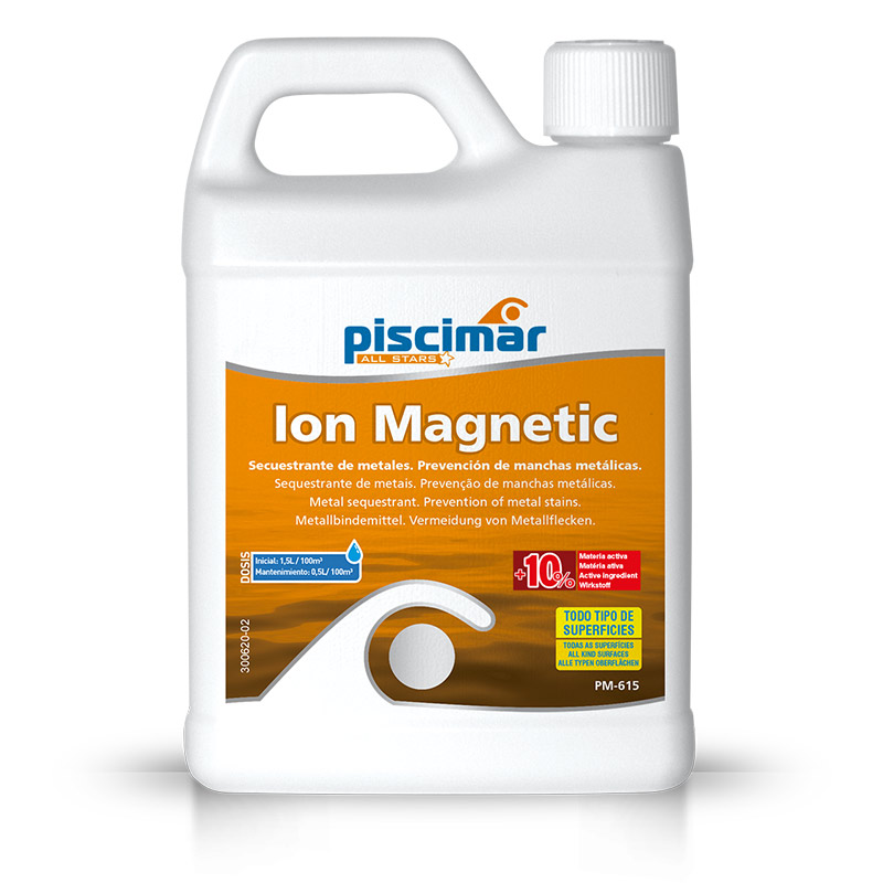 White plastic container of Piscimar Ion Magnetic metal sequestering product, orange label, screw cap, PM-615.