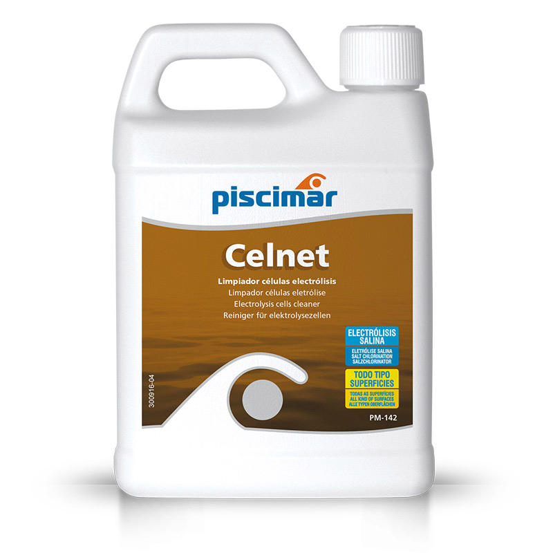 White plastic bottle with a handle and screw cap, labeled Piscimar Celnet electrolysis cleaner for pool cells (saltwater systems).