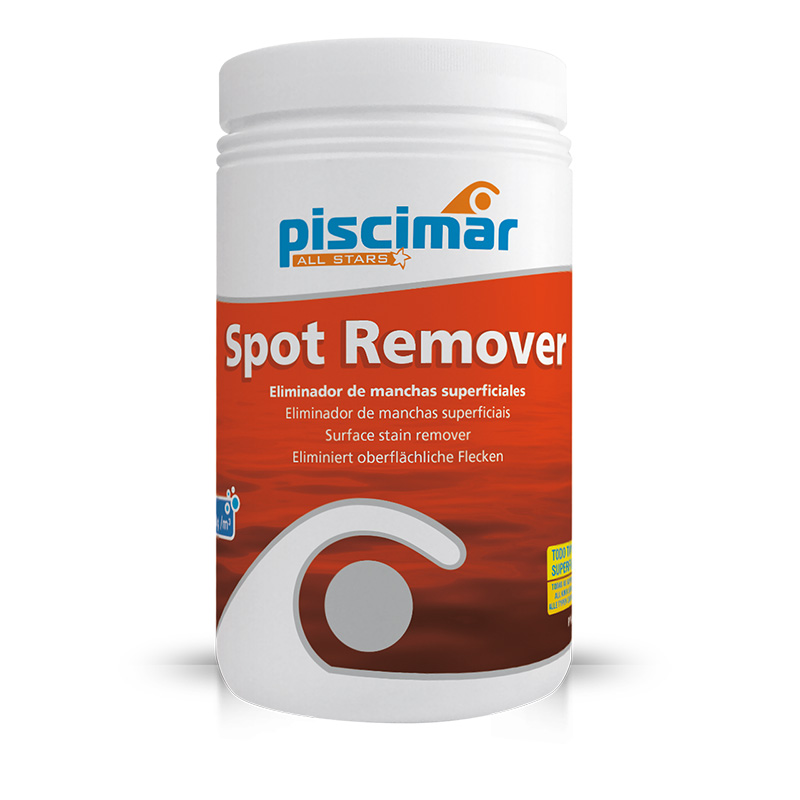 Bottle of Piscimar Spot Remover with red label and white cap, featuring multilingual text and a circular logo.
