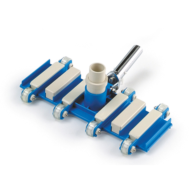 Blue modular base with six small rollers and beige pads, a central cylindrical hub and a chrome lever; appears to be a cleaning or assembly head.